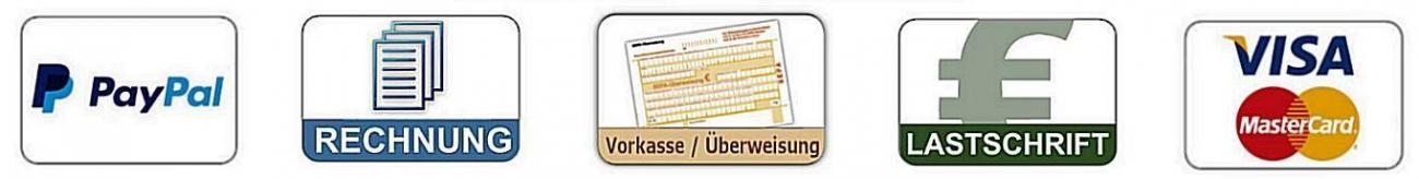 Bezahlen Sie einfach und unkompliziert mit PayPal, Kreditkarte, per Überweisung oder Rechnung. Kauf auf Rechnung auch für Privatkunden möglich! Unser Shop bietet Ihnen viele verschiedene Zahlungsmöglichkeiten.
